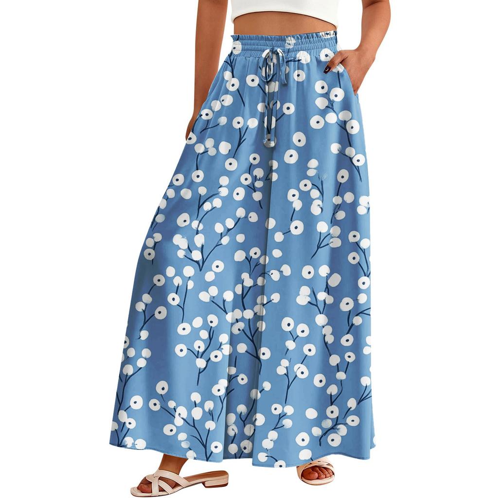 Women's Palazzo Pants Boho Floral Wide Leg Trousers Summer Beach High Waisted Flowy Pants With Pockets