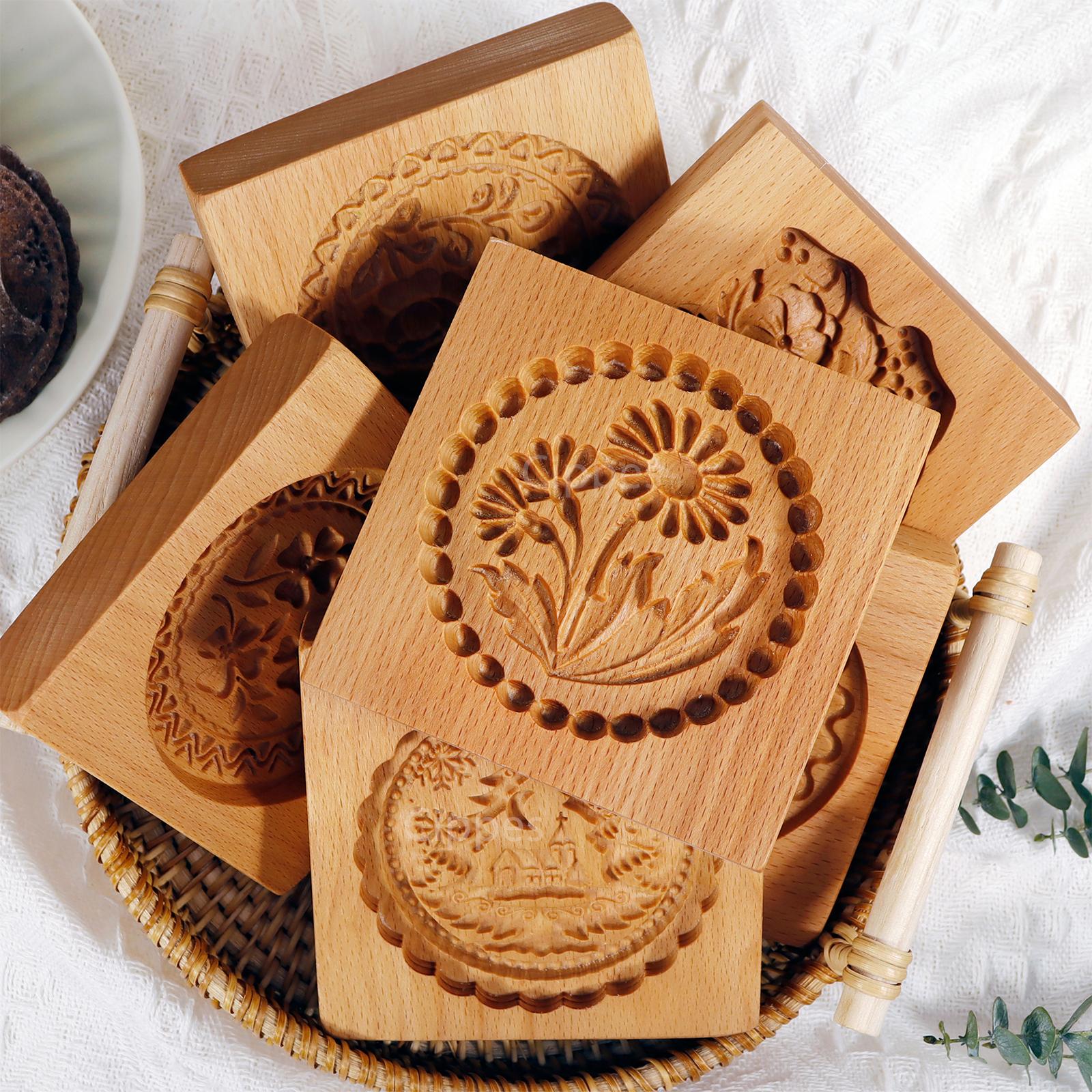 1PC Wood Cookie Molds with Flower Patterns, 3D DIY Carved Embossed Cookie Cutter Moulds for Baking, Fondant Cake Biscuit