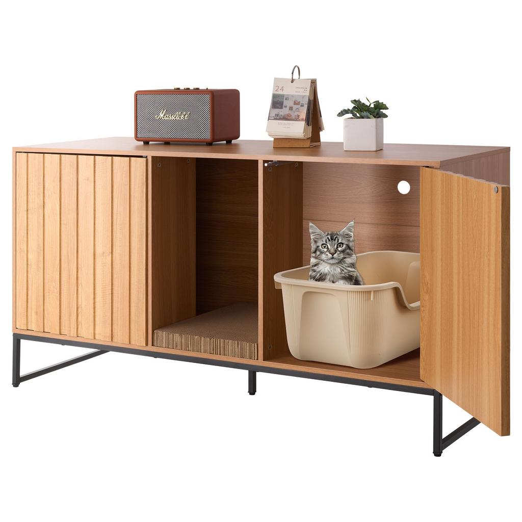 VEVOR Cat Litter Box Enclosure Furniture, 120 Cm Hidden Litter Box Cabinet with Scratch Pad & Storage