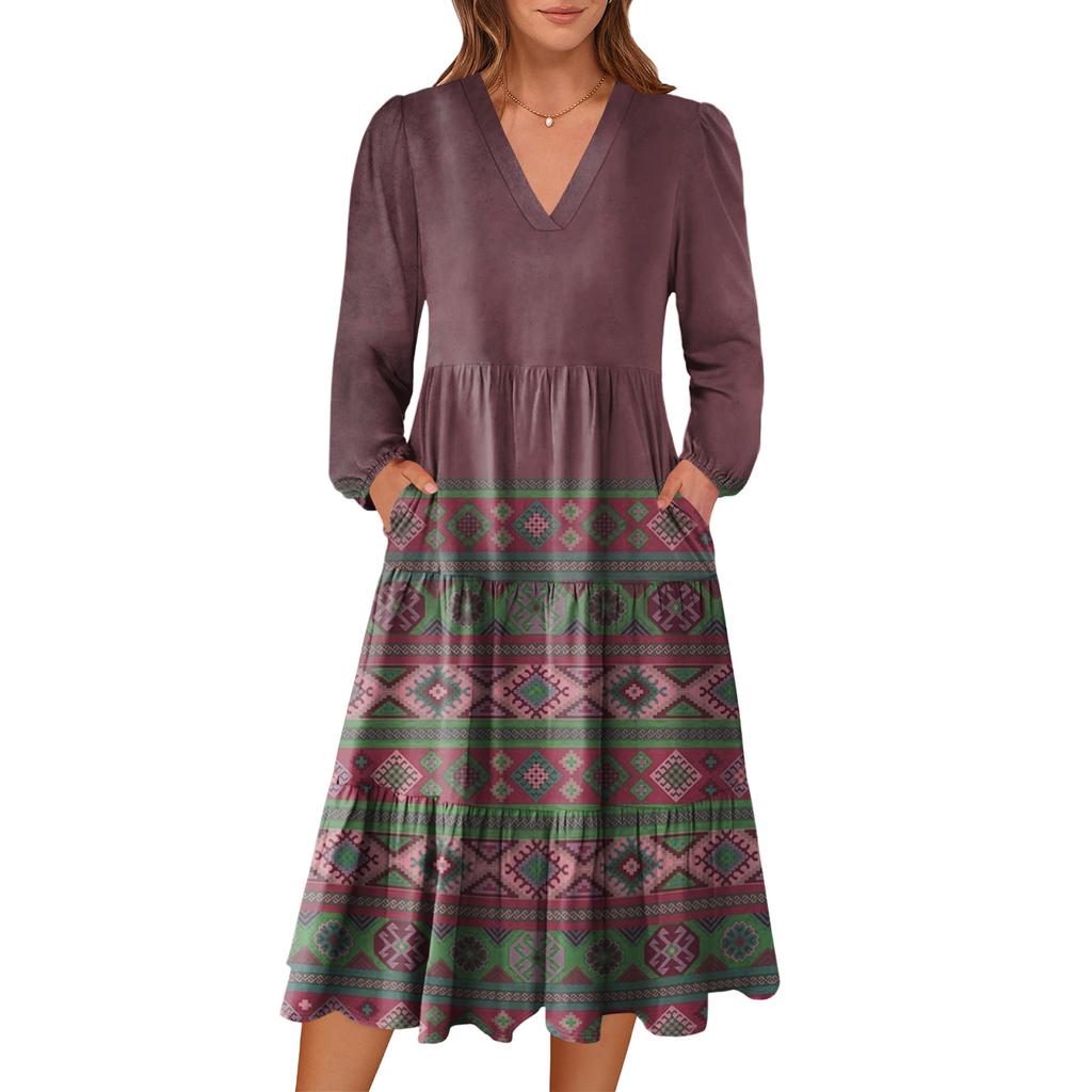 Damen V-Ausschnitt Fließendes Bohemian Langarm Blumenprint Kleid
