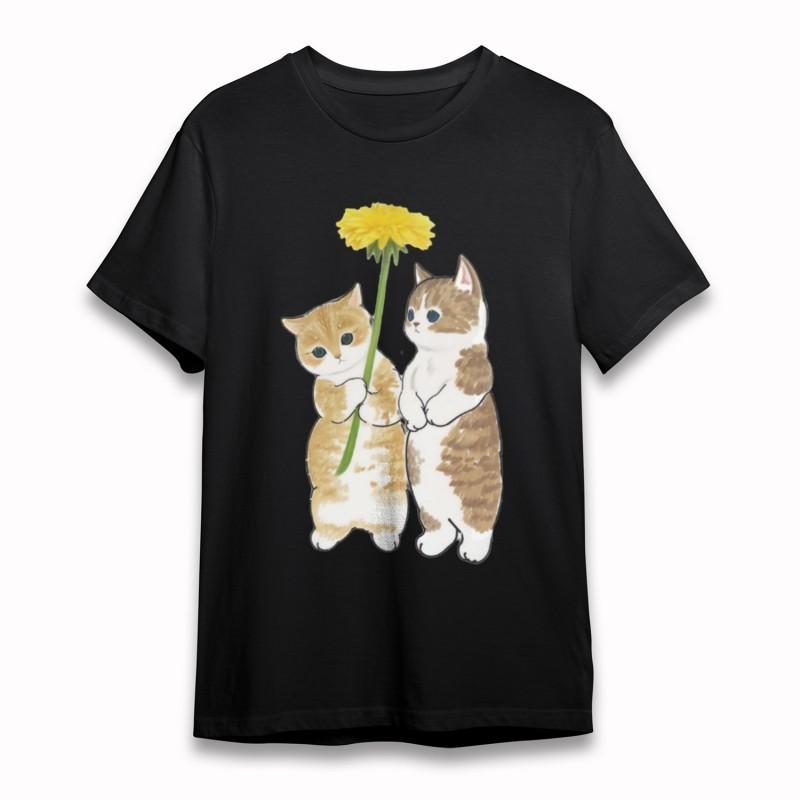 

Women s Plus Size Soft T-Shirt Tabby Cats Holding Yellow Dandelion Together Tee M