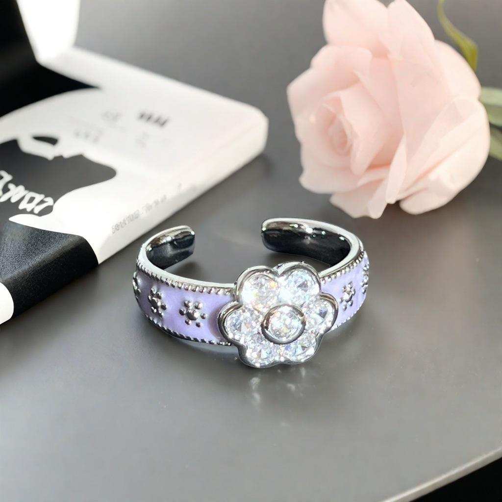 Exquisite Enamel Oil Drop Flower Butterfly Open Ring Zircon Light Luxury High-End Sense Niche Design Ring