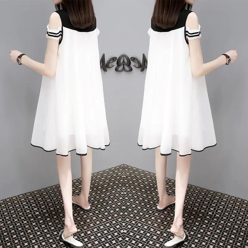 Summer new Korean version of the fake two large size women's short-sleeved long chiffon dress