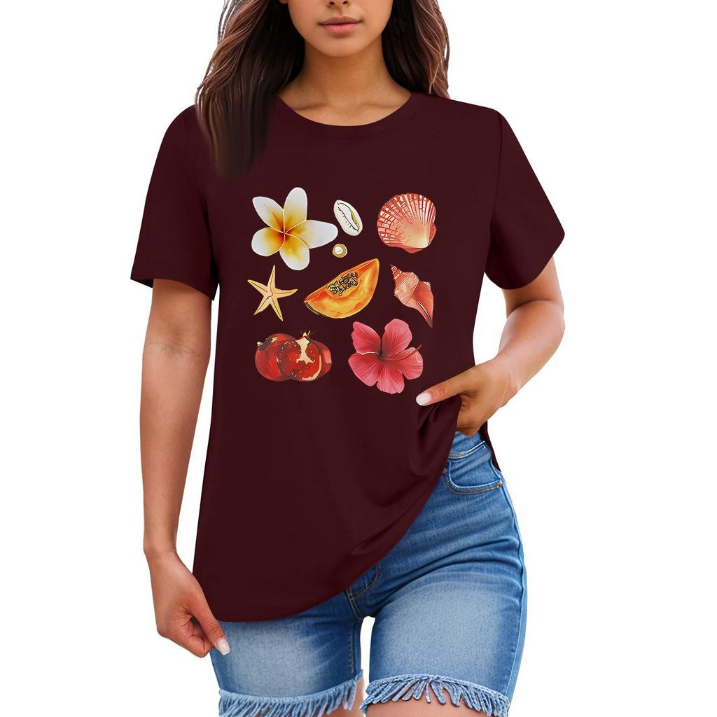 Ladies' Loose Comfortable Casual Fashionable  Fruit And Flower Pattern Printed Round Neck Short Sleeved Shirt