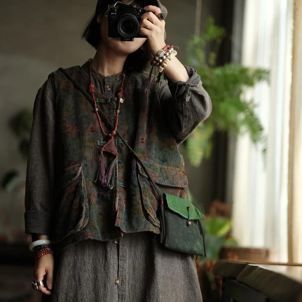 Johnature Vintage Women Coats V-Neck Sleeveless Print Floral Button Patchwork Pockets Autumn Coats