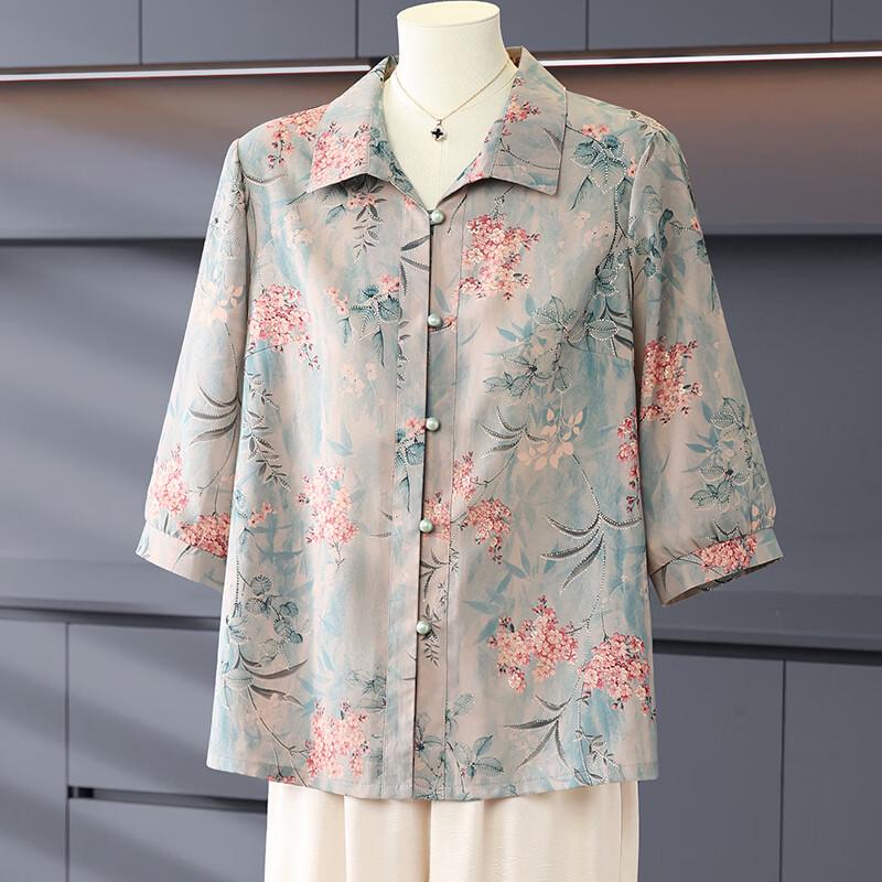 Mid-aged Women s Floral Seven-Sleeve Button-Up Shirt L