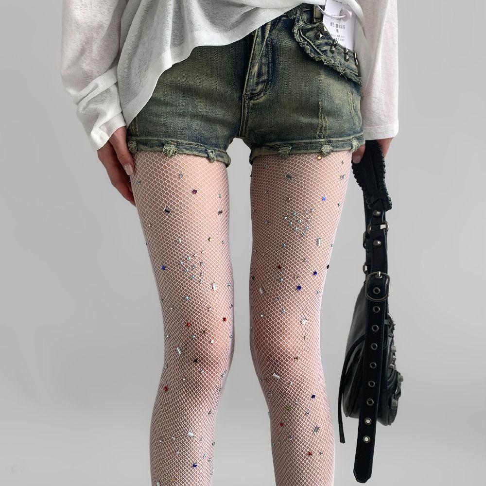 Irregular Rhinestones Colorful Fishnet Stockings Y2k Footed Stockings  Forr Girl Women