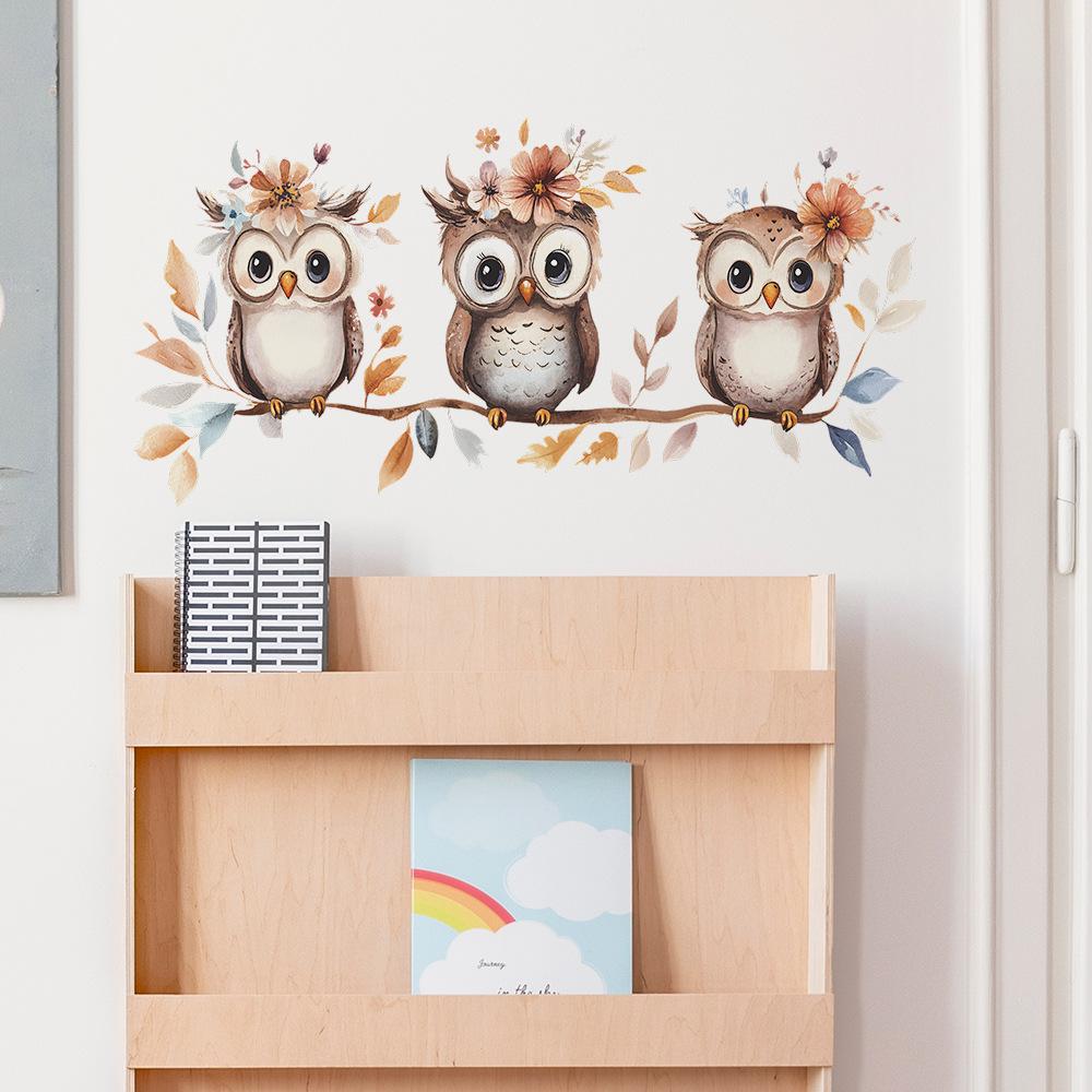 Cute Cartoon Owl On Branch Wall Stickers, Self-Adhesive Decor for Kids Bedroom Entryway Home Decoration