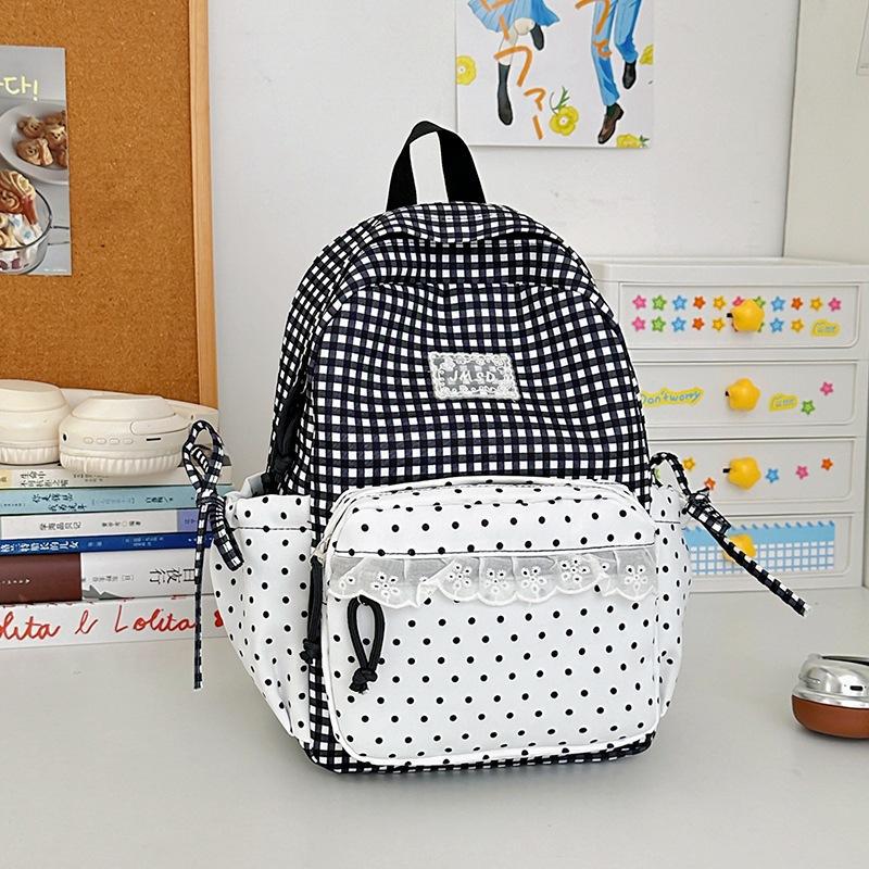 Schoolbag Milk Fufu Plaid Corrugated Lace Heart Travel Small Backpack Sweet Wind Student Party Big Sweet Bag