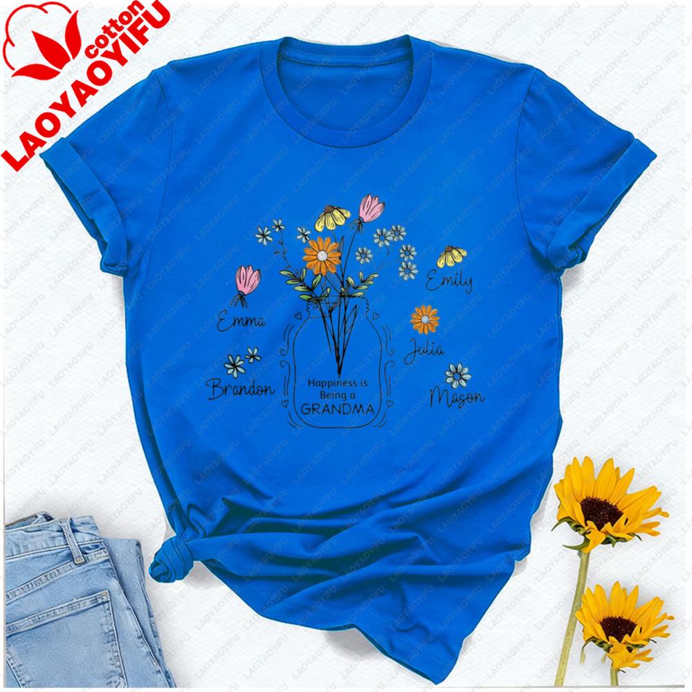 Custom Floral Grandma Nana Cotton TShirt with Grandkids Name Gift for Grandma Mothers Day Tee Personalized Grandma Shirt Tops