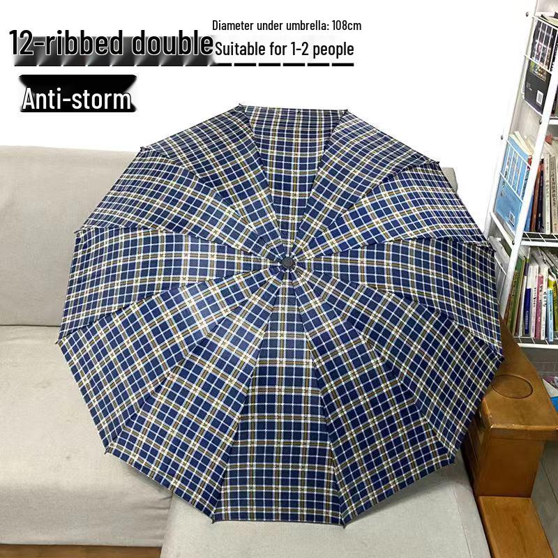 Extra Large Ten-Bone Water-Repellent Plaid Umbrella - British Style for Men & Women, Double/Triple Use