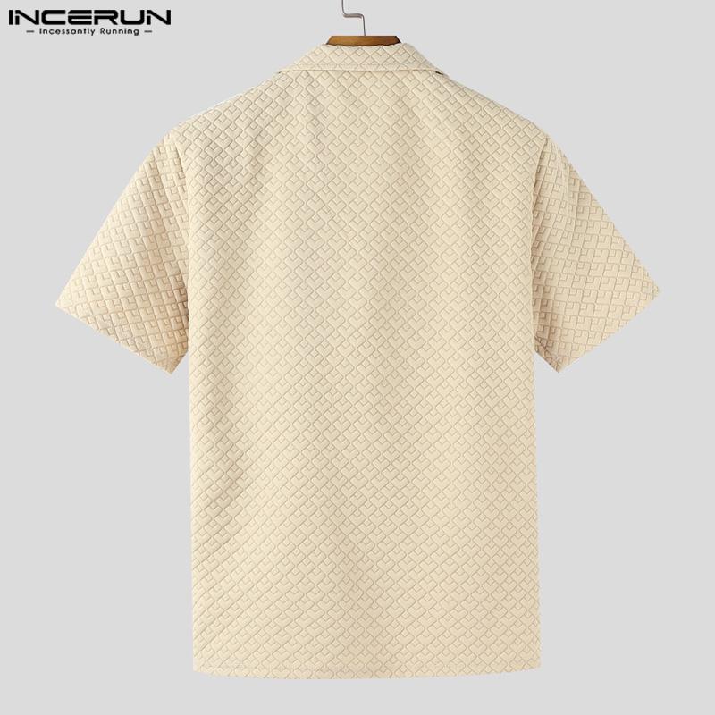 INCERUN Oversized Men Lapel Neck Short Sleeve Texture Buttons Up Casual Shirts
