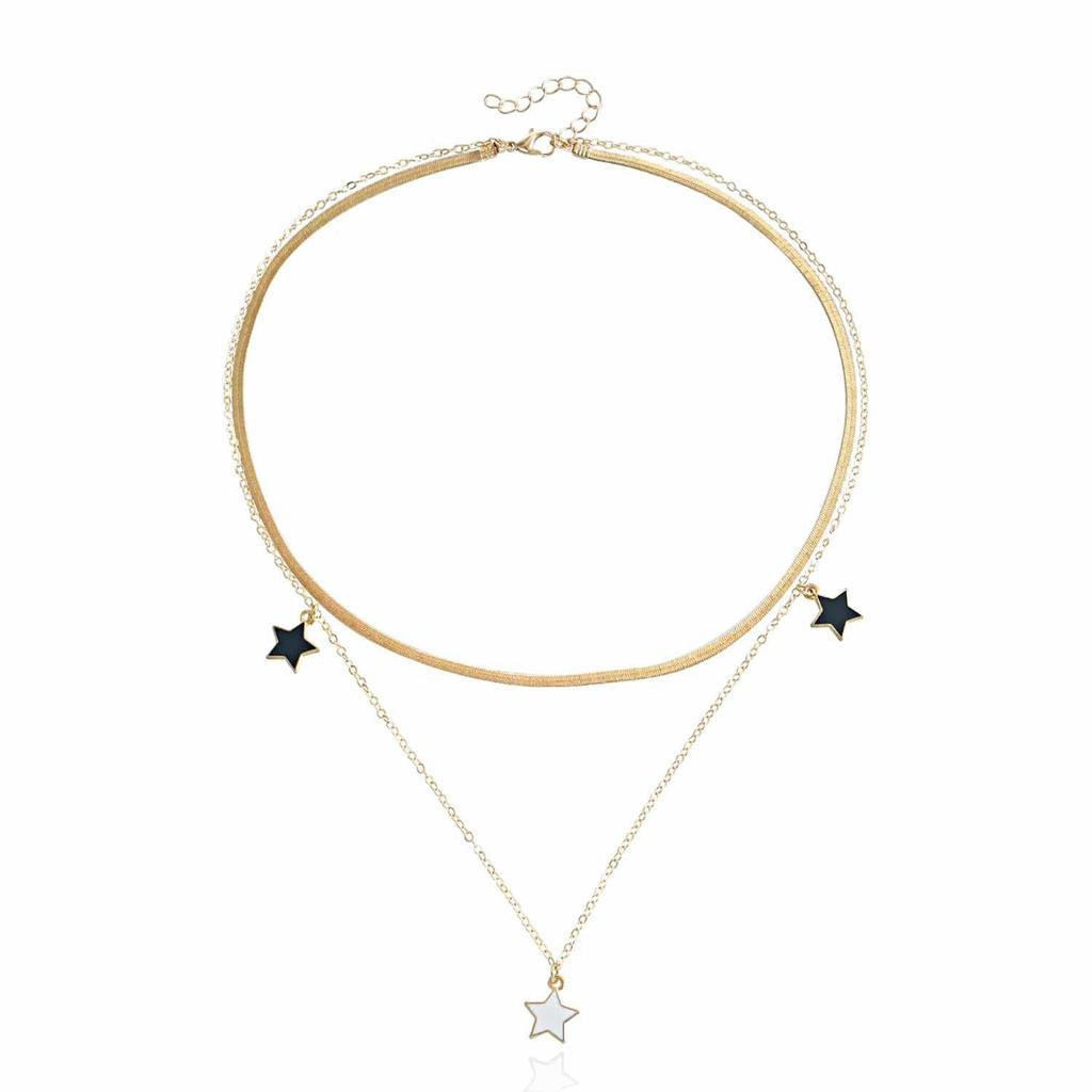 Jewelry Double Snake Chain Trend Black and White Pentagram Pendant Necklace Bracelet Set Women's Versatile Necklace