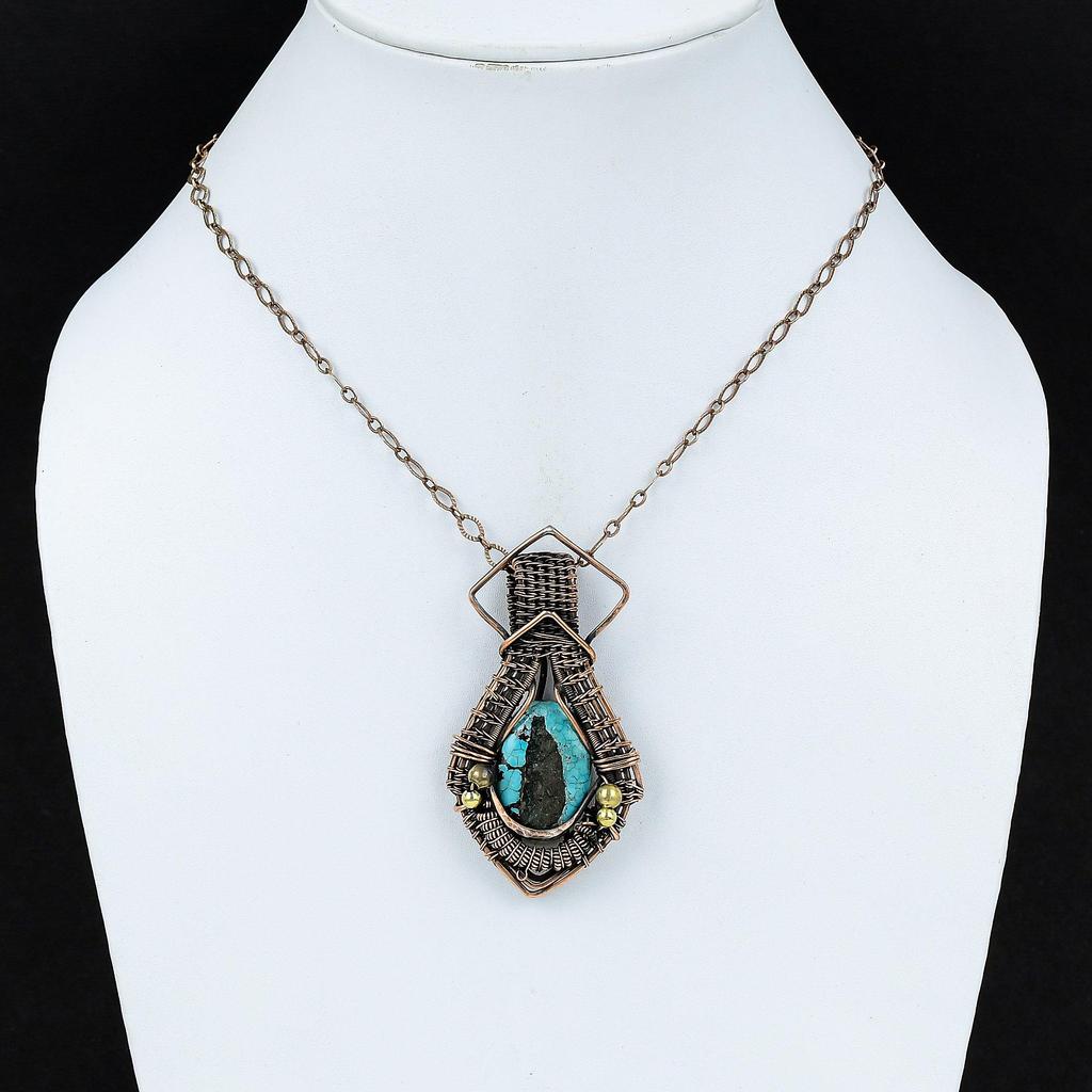Tibetan Turquoise Pendant Copper Wire Wrapped Pendant Stylish Pendant Handmade Wire Wrapped Jewelry Gemstone Pendant For Gift Copper Jewelry