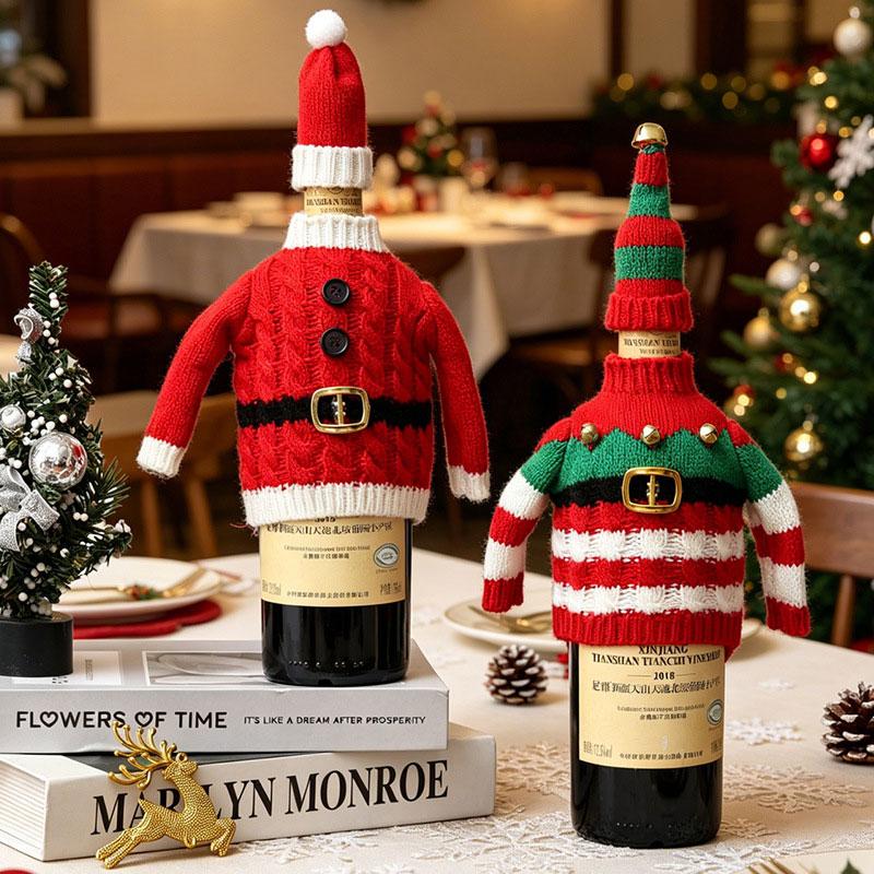 1Set Knitted Clothing Sweet Bottle Decoration Ambience Decoration Acrylic Christmas Red Striped Pattern Champagne Protector
