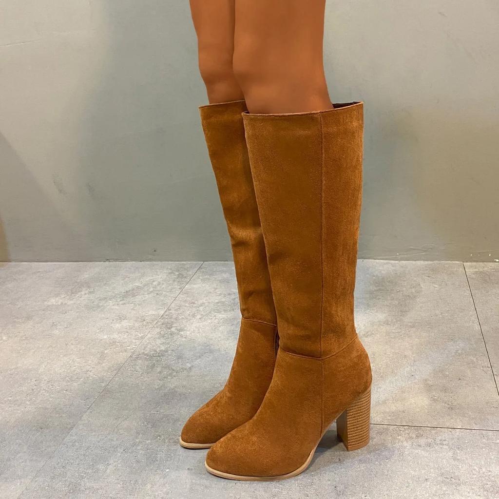 Foreign Trade Coarse Heel 2025 Skinny Suede Over Knee Boots Women's Side Zipper High Heel Long Tube Fashion Boots