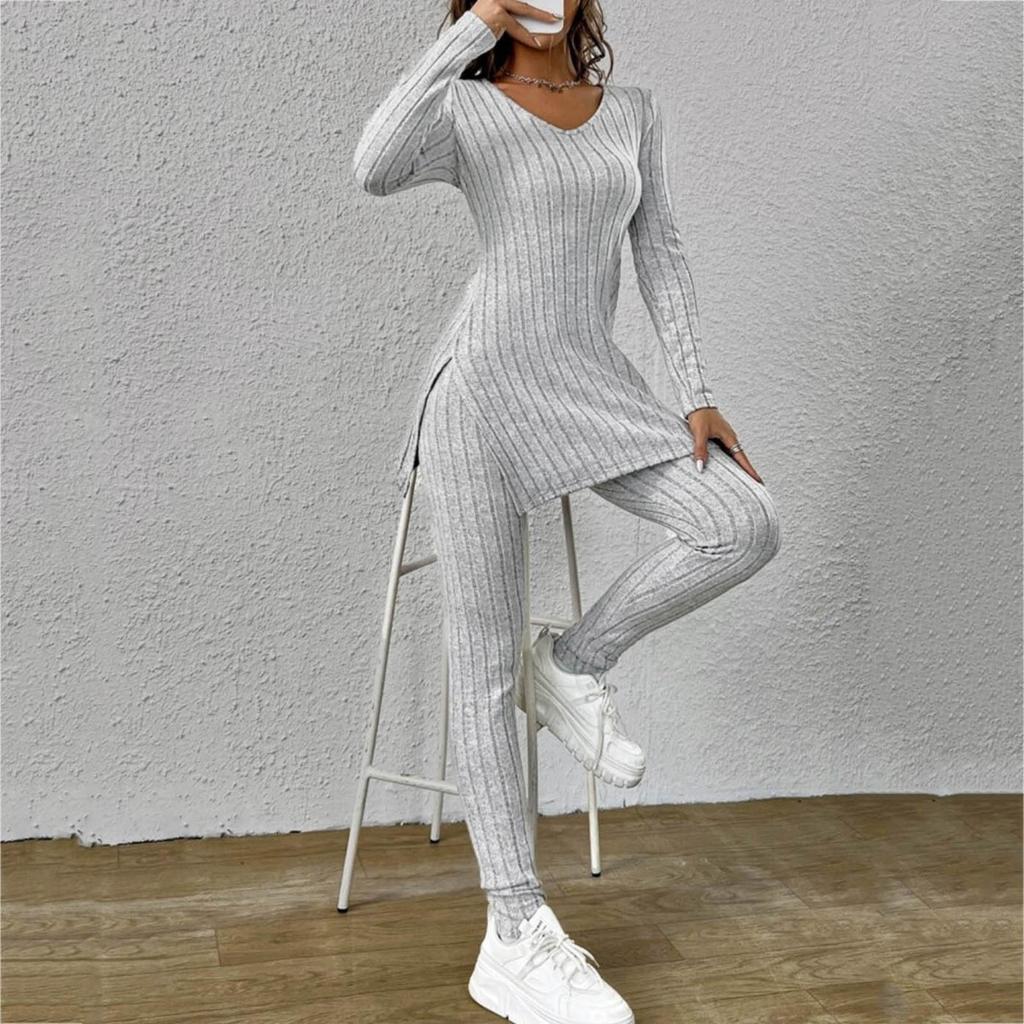 Women's Slim Two-Piece Outfit Long Sleeve Knit Top Elastic Waist Flared Pants Casual Tracksuit