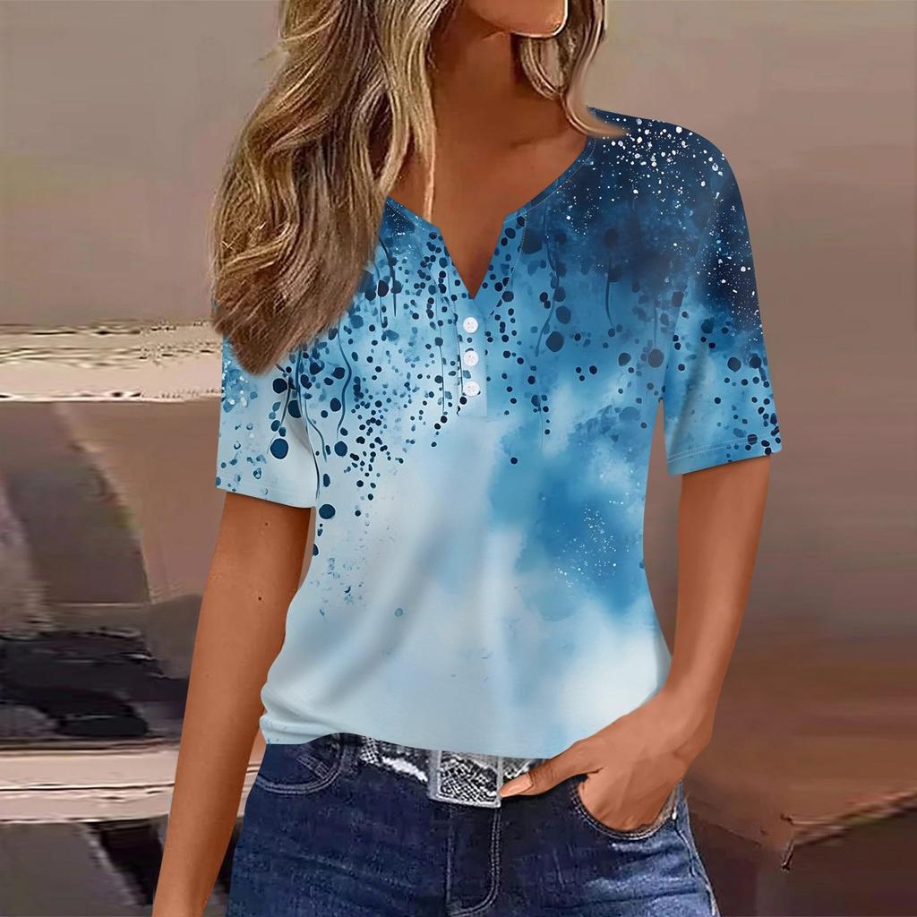 Women's T Shirt Print Button Short Sleeve Daily Weekend Fashion Basic V- Neck Regular Top