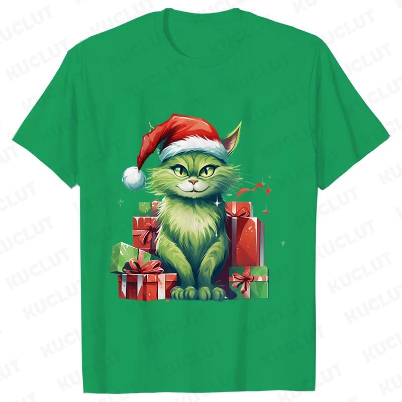 New Year Short Sleeve Tshirt Cute Cat Print Tops Fashion Xmas Unisex Tees Shirt Trend Graphic Christmas Male Oversized Clothing