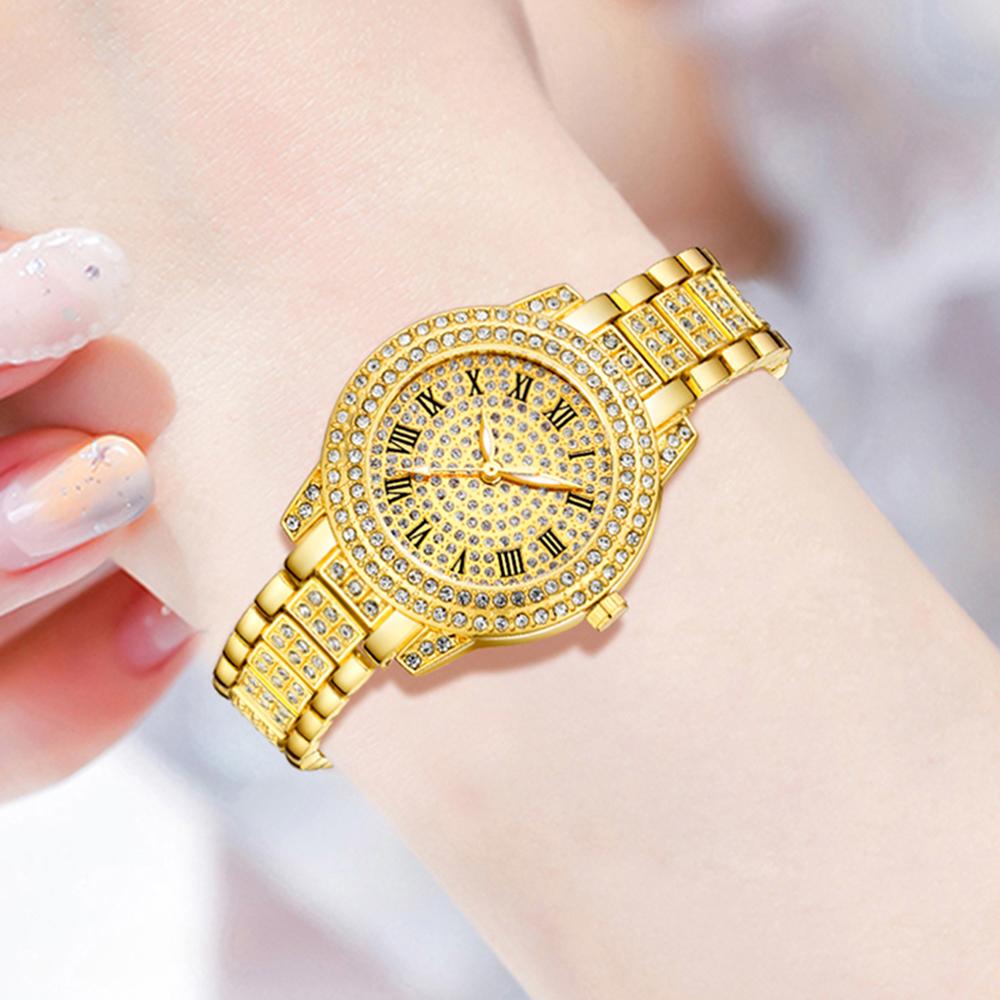 4PC Gold Alloy Strap Women's Watch Set Luxury Trend Fashion Quartz Watch Bracelet Set Suitable for Daily Clothing Matching