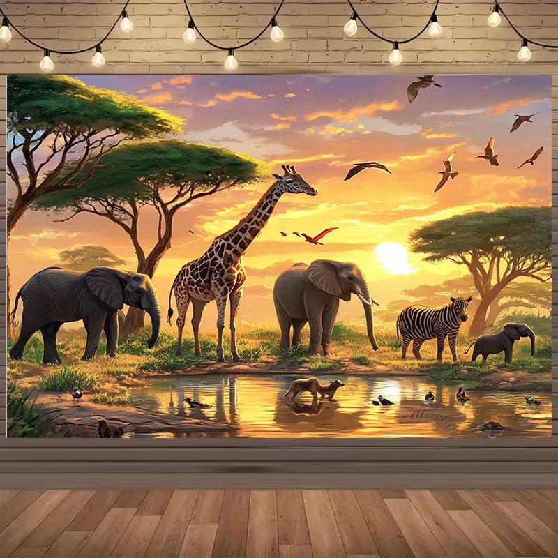 

African Savanna Sunset Tapestry with Giraffe Elephant Zebra Wall Hanging for Bedroom Living Room Home Deco 47.2x31.5inch/120*80cm