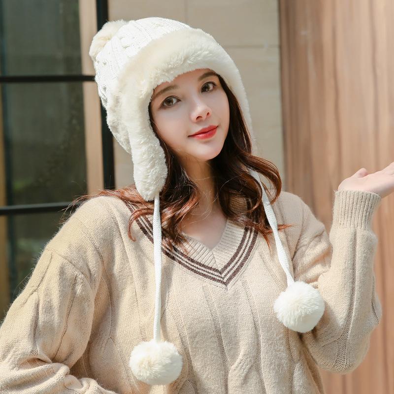 

Winter hat fashion plush hairball hat children s knitted hat tide hanging ball ear protector wool hat thickened Fleece, thicker, elastic бежевий