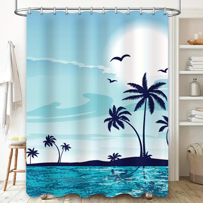 Tropical Island Sunset Palm Tree Blue Shower Curtain Ideal for Beach Themed Bathrooms (Sized 69x70)