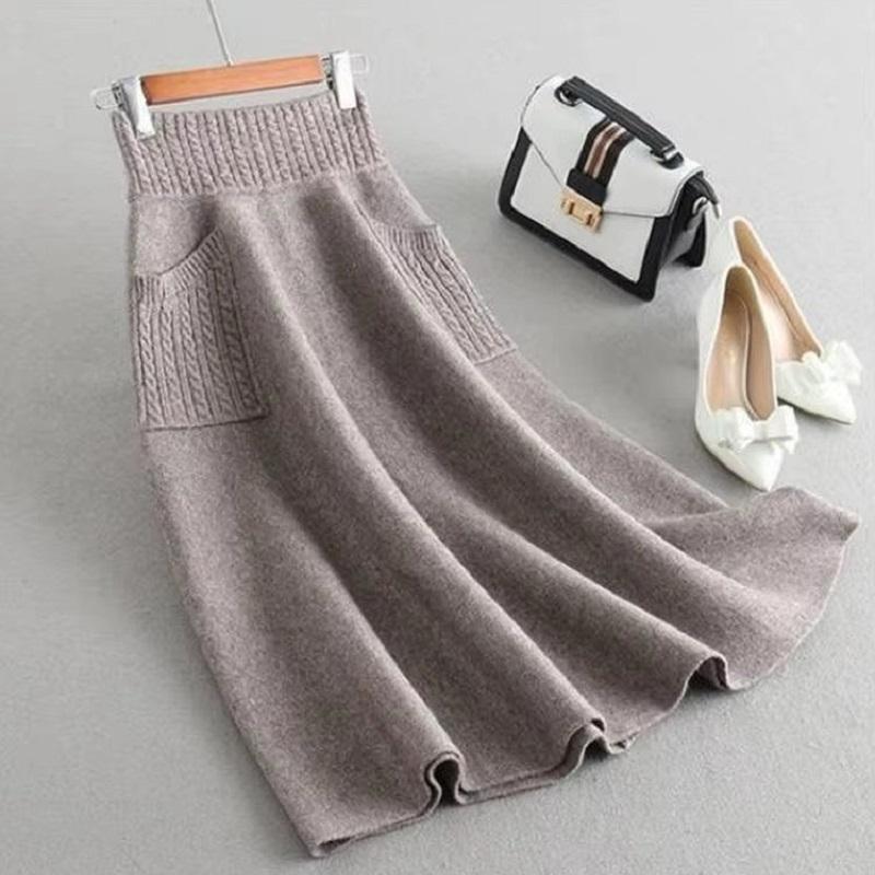 

Трикотажные плиссированные юбки миди для женщин, однотонные юбки с высокой талией, юбка-трапеция, осень-зима, корейская элегантная узкая повседневная юбка с карманами XXL верблюд