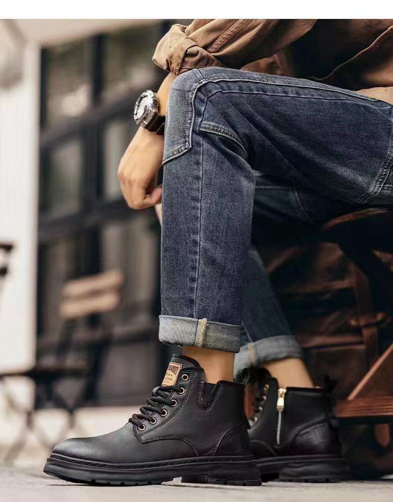 Bottes Martin en Cuir Doublées de Polaire Automne/Hiver 2025 - Chaussures Décontractées Hautes Résistantes à la Saleté pour Hommes