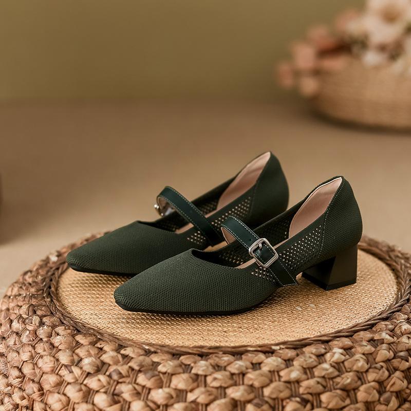 Neskladové Xiaoxiangfeng Mary Jane dámské boty čtvercová špička silný podpatek mělký výstřih prodyšné boty pletené z mušky dámský nový temperament