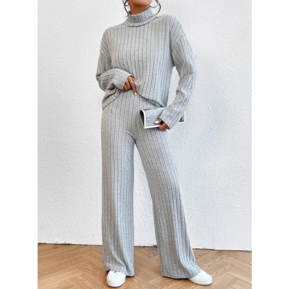 Completo casual da donna in 2 pezzi, felpa a collo alto in maglia a maniche lunghe e set di pantaloni larghi per autunno inverno