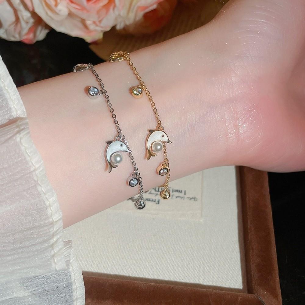 Sea Series Metal Shell Dolphin Bracelet Imitation Pearl Beach Hand Chain  Couple Gift
