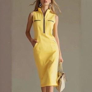 European and American elegant temperament contrasting color zipper stand-up collar medium and long dress women's summer slim A word