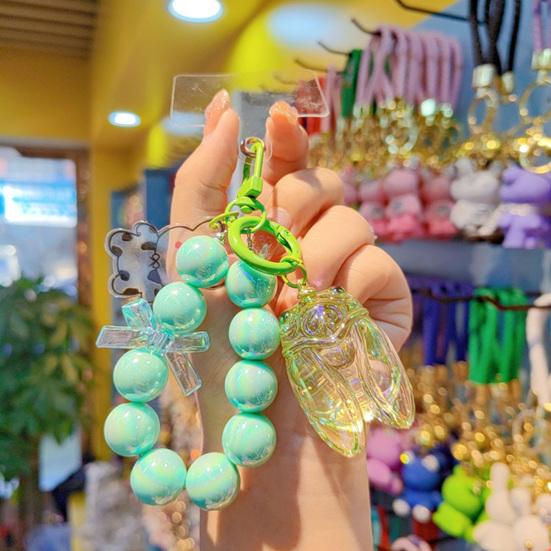 Keychain Strong Load-Bearing Macaron Color Beads Key Chain with Glitter Cicada Pendant Portable Anti-Lost Mobile Phone Chain Bag Hanger