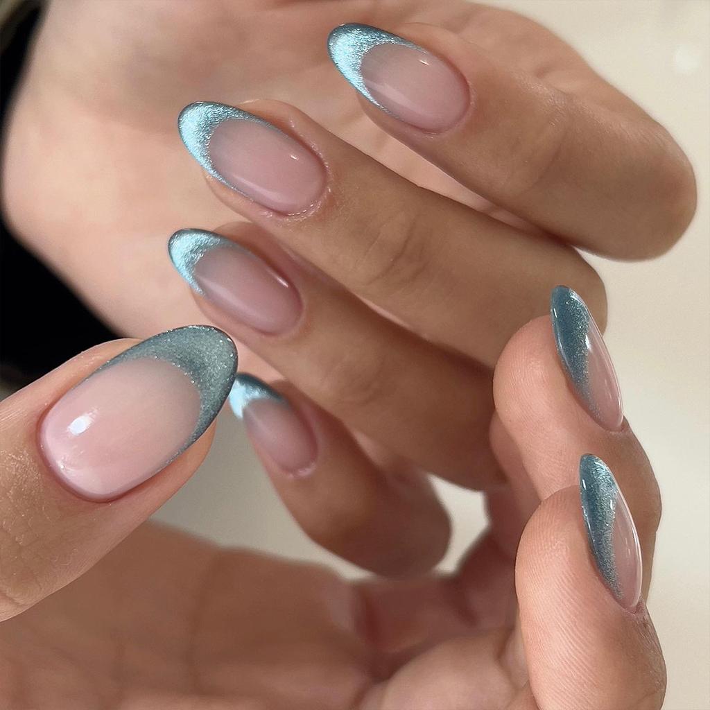 24 Stück Y2K Romantisch Blauverlauf Französische Spitze Gold Mond Stern Mandel Press-On Nägel Falsche Nagelspitzen für Damen