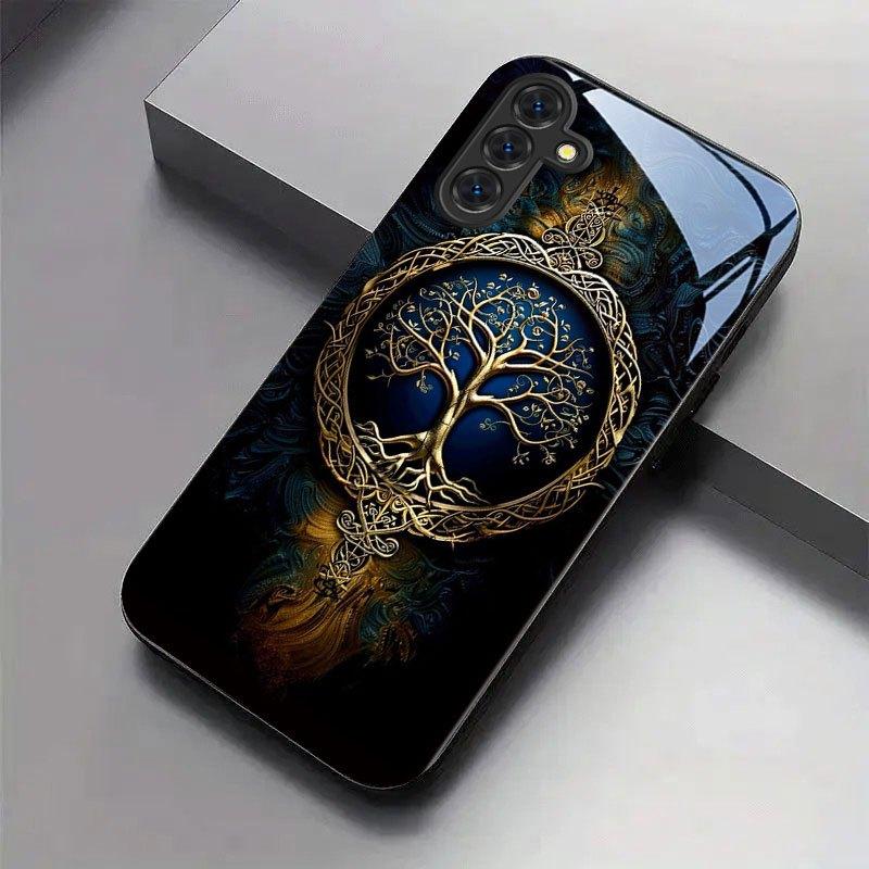 Blue Gold Life Tree Pattern Tempered Glass Phone Case Suitable for Samsung Galaxy S26 S25 S24 S22 S21 S20FE/Ultra/Plus Anti Drop