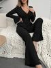 European and American Style Women’s Spring and Autumn Plush Pajama Set V-Neck Long Sleeve Top and Long Pants Loungewear