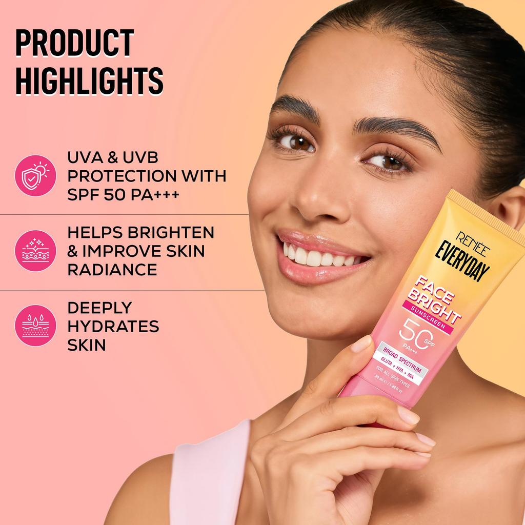 RENEE Everyday Face Bright Brightening Sunscreen SPF 50 PA+++ | In-Vivo Tested | With Niacinamide, Hyaluronic Acid & Glutathione | Broad Spectrum