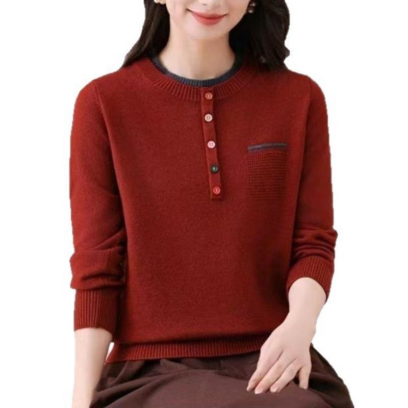 Crew Neck Women's Sweater Loose and Versatile Fashion Autumn New Temperament Pullover Color Buckle Knitted Bottoming Shirt Tide