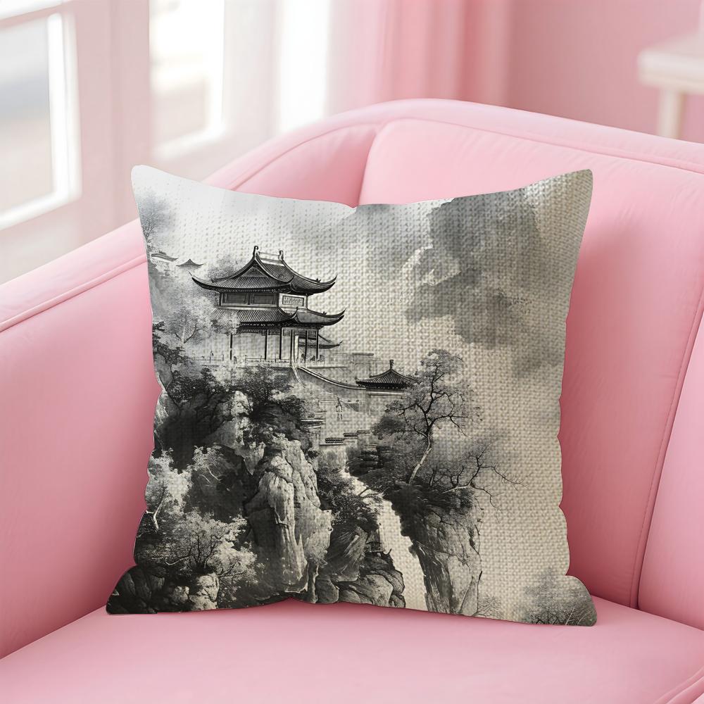 Ink Painting Chinese Style Cushion Cover Natural Linen Pillow Case DoubleSided Print Decorative Sofa Pillowcase Home Decor Gift