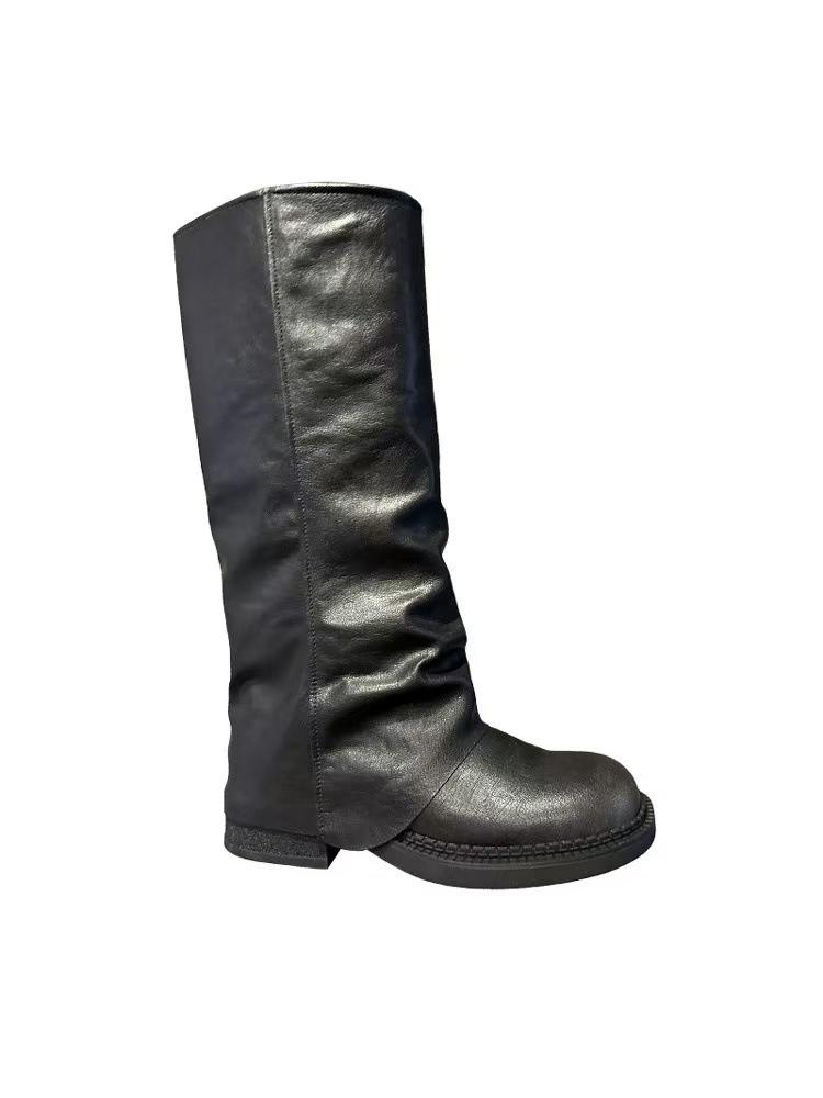 

Версия из овчины~ Британский стиль круглый носок штаны-трубы ботфорты женские высокие кожаные плиссированные рыцарские сапоги Сапоги Spice girls для уличного стиля 35