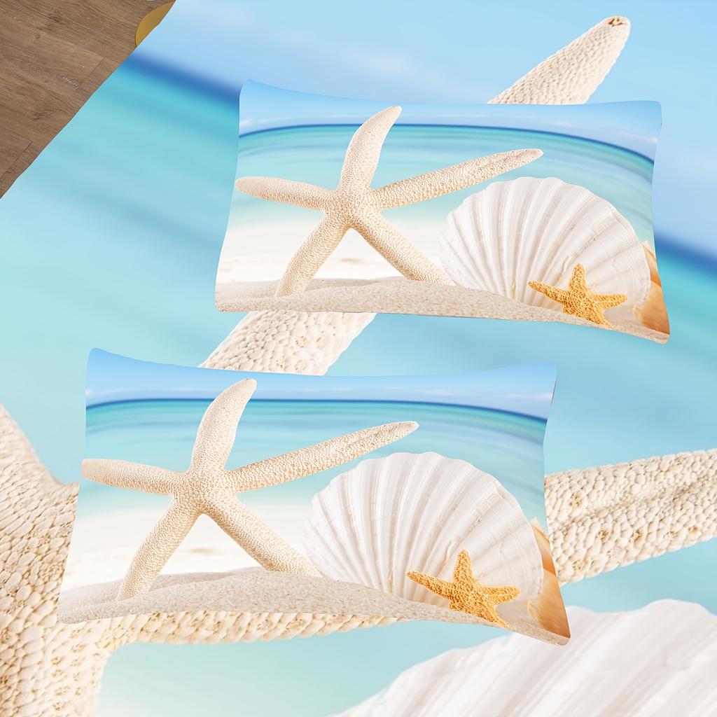 2/3Pcs Beach-Themed Bedding Set With Starfish & Seashell Print - Machine Washable, Zipper Closure, Polyester, All-Season