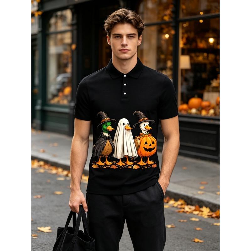 Men's Short Sleeve Polo Shirt Funny Whimsical Cartoon Duck Witch Hat Ghost Pumpkin Print Halloween Top for Party and Casual Wear