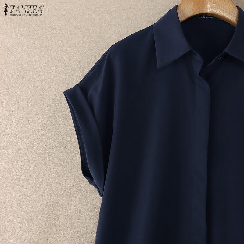 ZANZEA Damen Casual Turn Down Kragen Sommer Kurzarm Shirt Kleid
