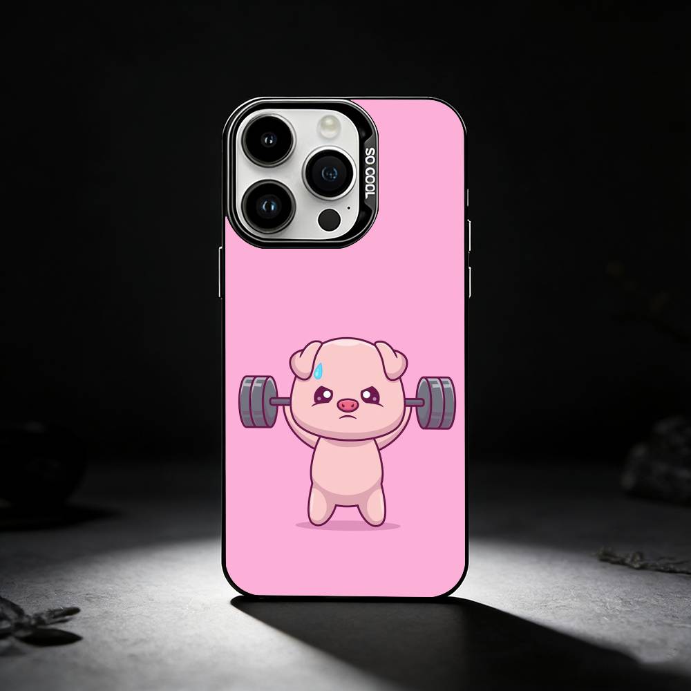 Cute Cartoon Animal Lifting Iron Phone Case For iPhone 17,16,15,14,13,12,11 Plus,Pro Max,XS,Colored Silver Phone Case