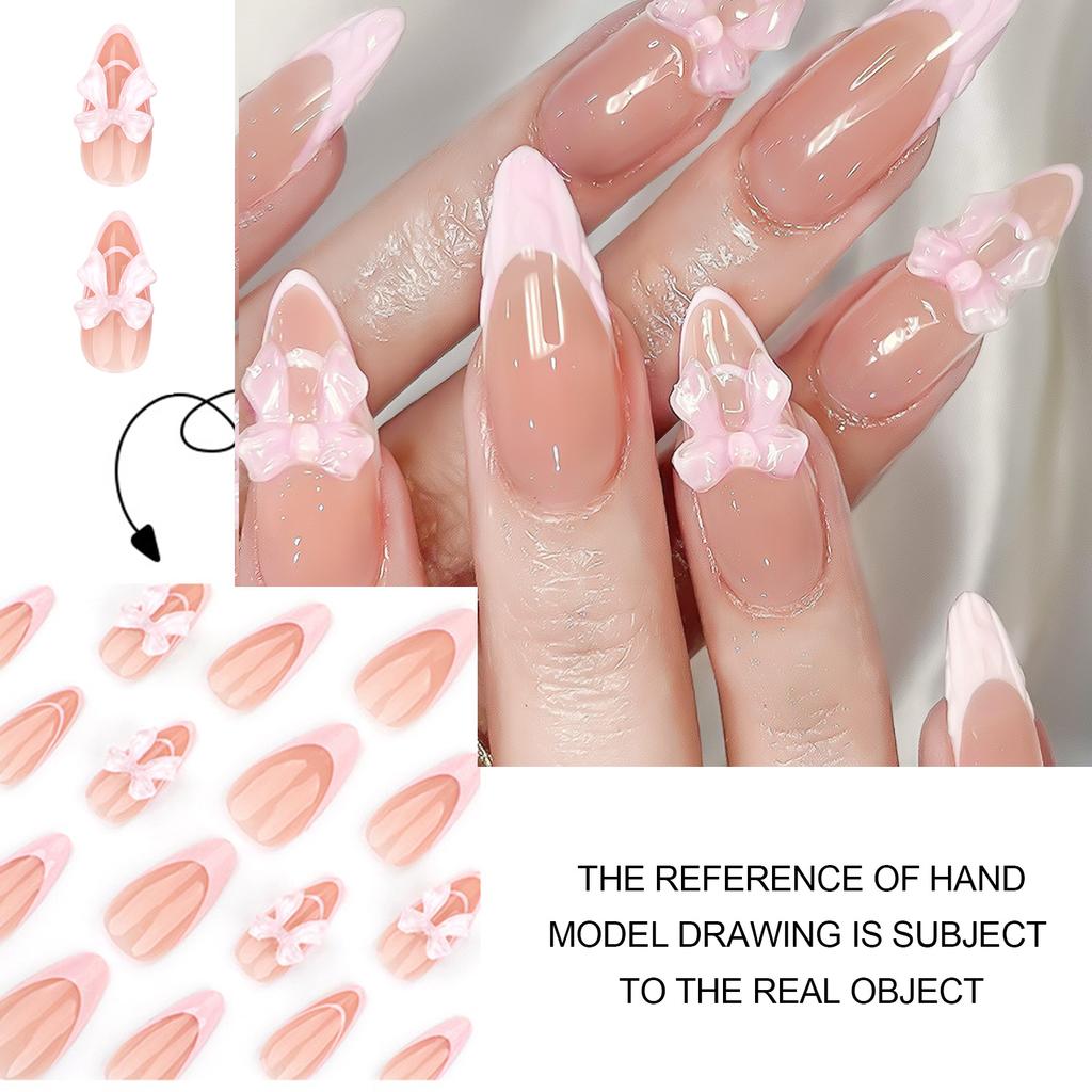 24Pcs French Pink Ice Butterfly Bow Fake Nails for Women