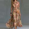 Elegant Long Sleeve Digital Print A-Line Dress With Collar Tie Detail