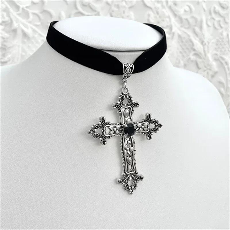 Black Velvet Cross Bead Choker Necklace Gothic Punk Jewelry for Women Halloween Statement Piece
