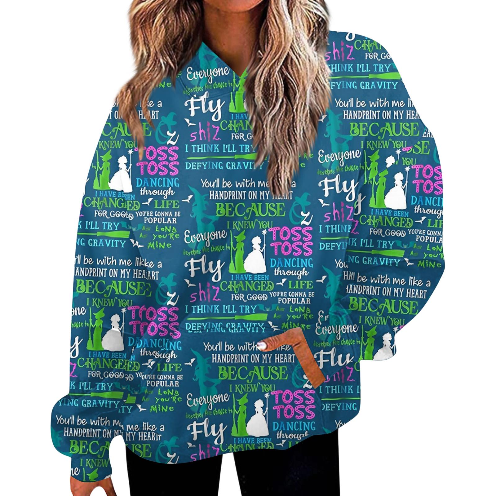 

Женская повседневная модная толстовка с капюшоном и длинными рукавами с принтом ведьмы и карманами XXXL синий