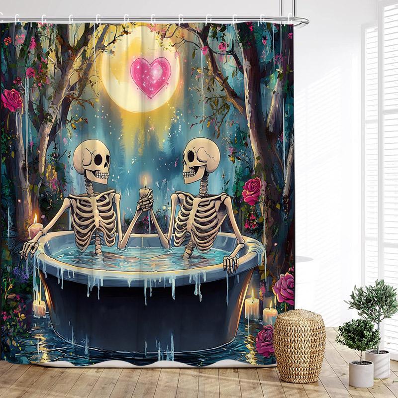 Rolig Badande Älskare Skelett Duschdraperier Skog Rosor Blommor Träd Hjärta Alla Hjärtans Dag Badrumsgardin Tyg Heminredning